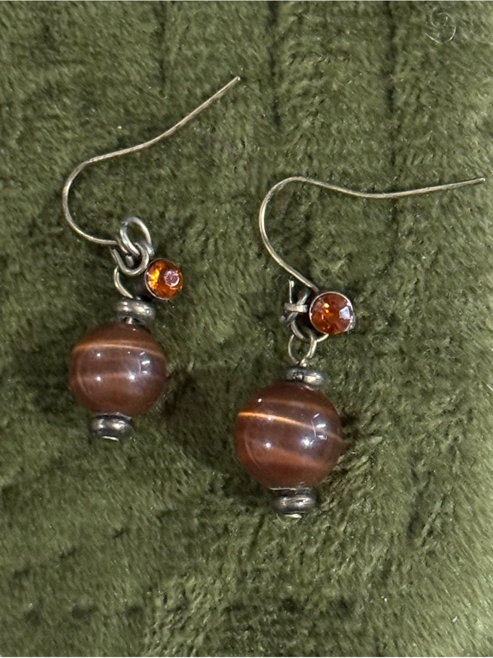 Vintage 90's Brown Agate Drop Earrings with Amber Crystal Accent